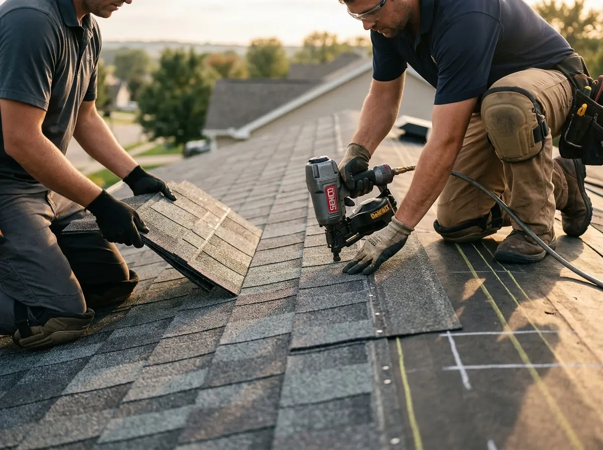 Professional roofer working on a residential roof in Darnestown